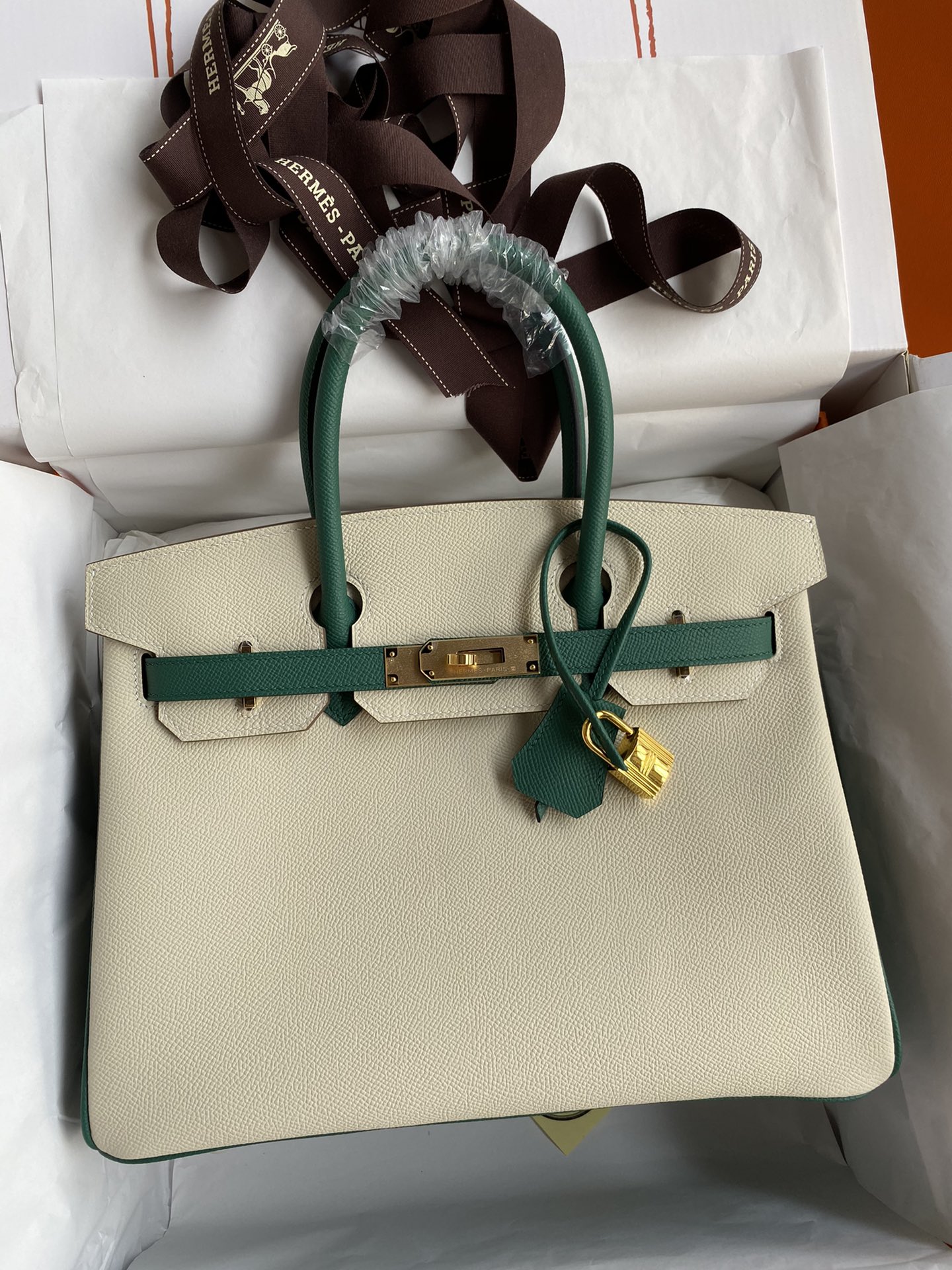 Hermes Birkin 30CM Epsom Leather Handbag Cream White Malachite